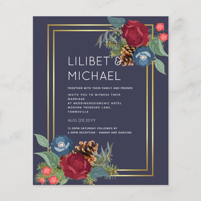 BUDGET  Winter Wedding Burgundy Teal Blue Modern Flyer (Front)