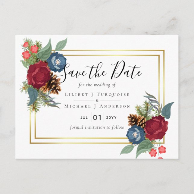 BUDGET  Winter Wedding Burgundy Teal Blue Modern Postcard (Front)