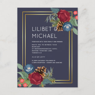 BUDGET  Winter Wedding Burgundy Teal Blue Modern Postcard