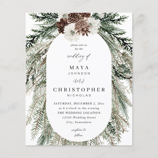 Budget Winter White Floral & Pine 2 Wedding Flyer (Front)