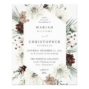 Budget Winter White Floral & Pine Wedding Flyer