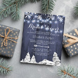 Budget winter wonderland bridal shower invitation<br><div class="desc">Chic elegant country rustic bridal shower party budget affordable invitation template with snow falling snowflakes, pine trees winter wonderland, strings of twinkle lights, and an arrow on navy blue barn wood background. Easy to personalise with your party's details and other necessary information The invitation is suitable for an elegant formal...</div>