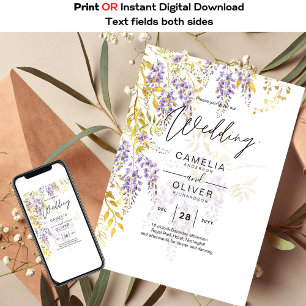 Budget WISTERIA Lilac Gold Leaves Wedding Invite