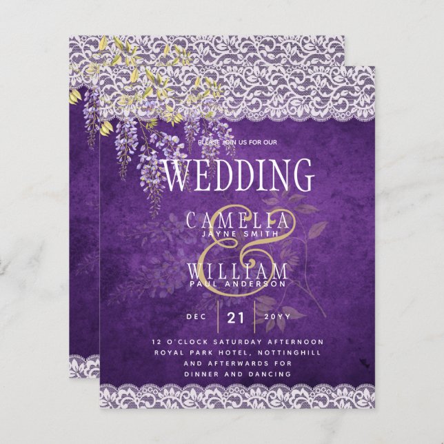 BUDGET Wisteria Purple Floral Lace Wedding INVITE (Front/Back)