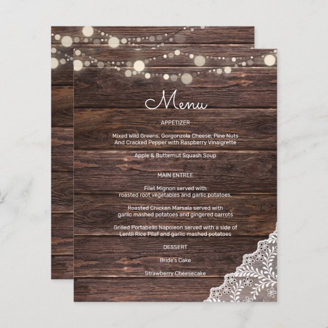 Budget Wood, Lace, String Lights Menu (Front/Back)