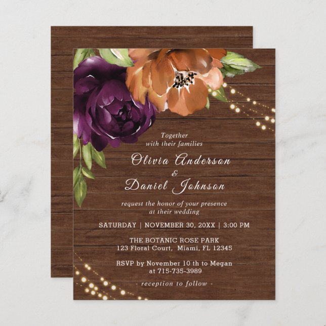 Budget Wooden Rustic Floral Wedding Invitation (Front/Back)