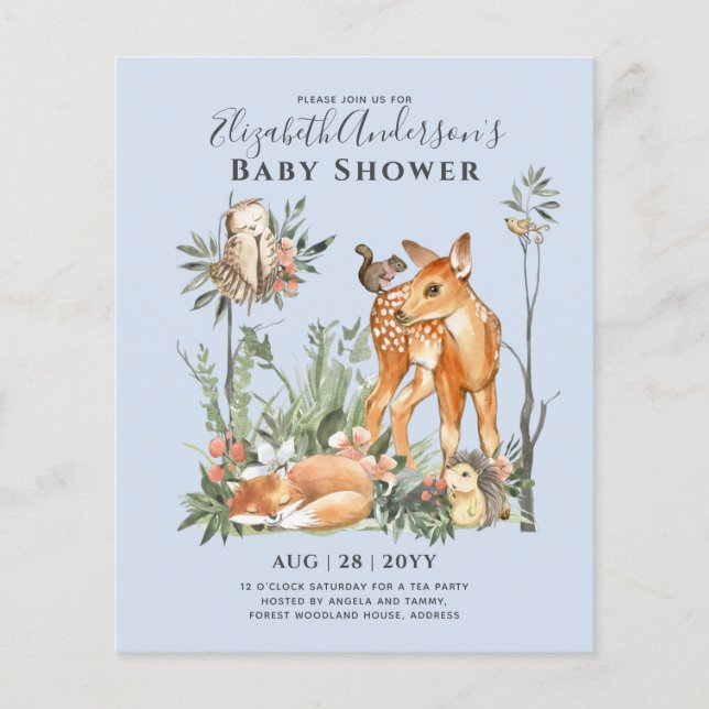 BUDGET Woodland Animals Baby Boy Girl Shower INVs Flyer (Front)