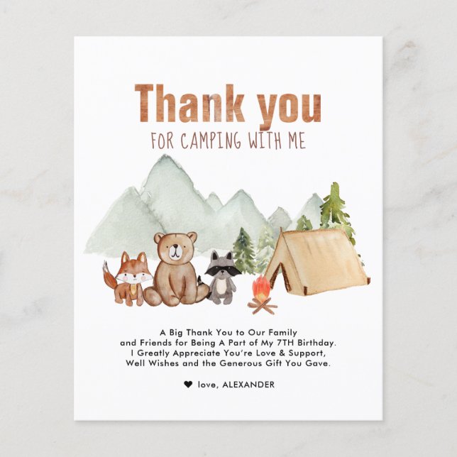 Budget Woodland Campers Camping Birthday Thank You (Front)