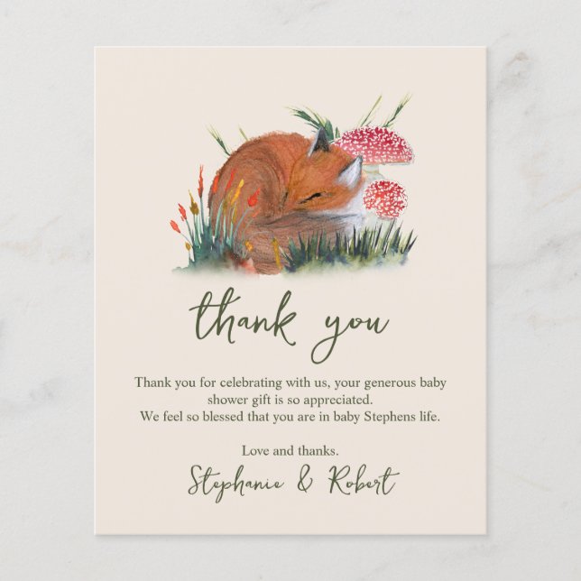 Budget Woodland Sleepy Fox Baby Shower Thank You (Front)