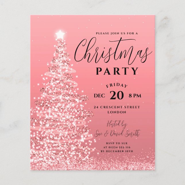 Budget Xmas Tree Party Rose Gold Holiday Invite Flyer (Front)