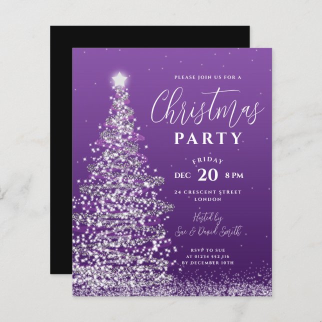 Budget Xmas Tree Silver Purple Holiday Invite  (Front/Back)
