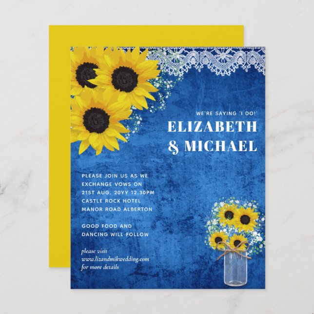 BUDGET Yellow Blue Sunflowers Wedding Invite (Front/Back)