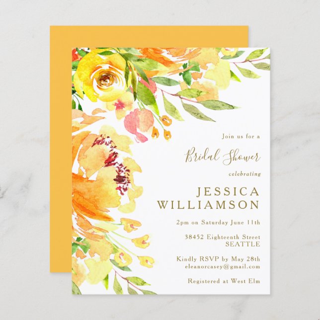 Budget Yellow Flowers Watercolor Bridal Shower  (Front/Back)