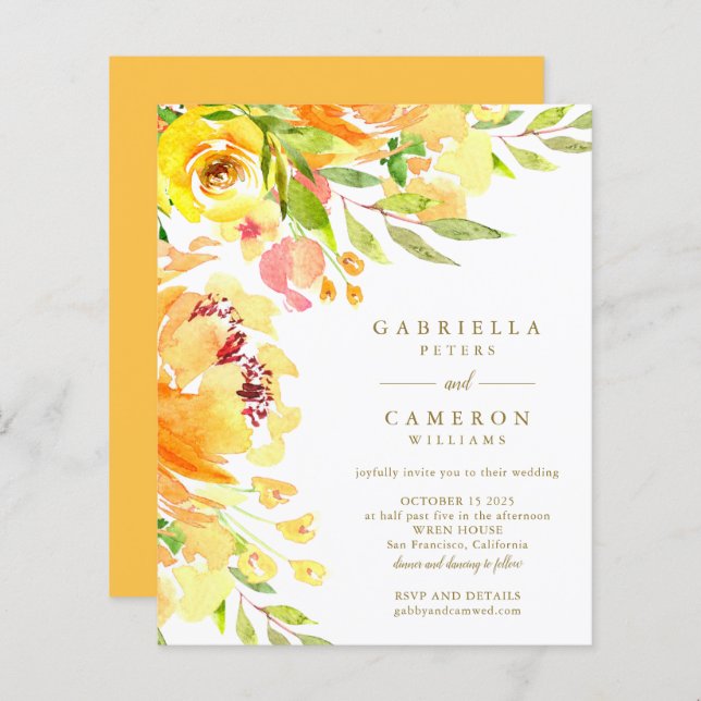 Budget Yellow Flowers Watercolor Wedding Invite (Front/Back)