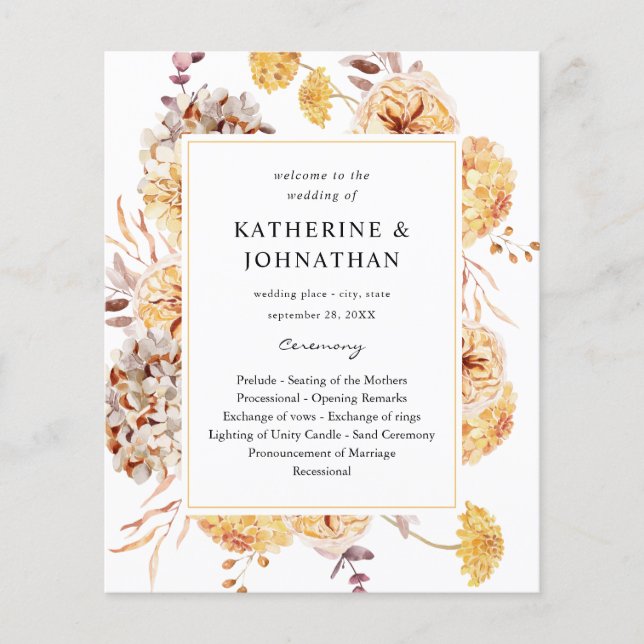 Budget Yellow Golden Floral Wedding Ceremony Flyer (Front)
