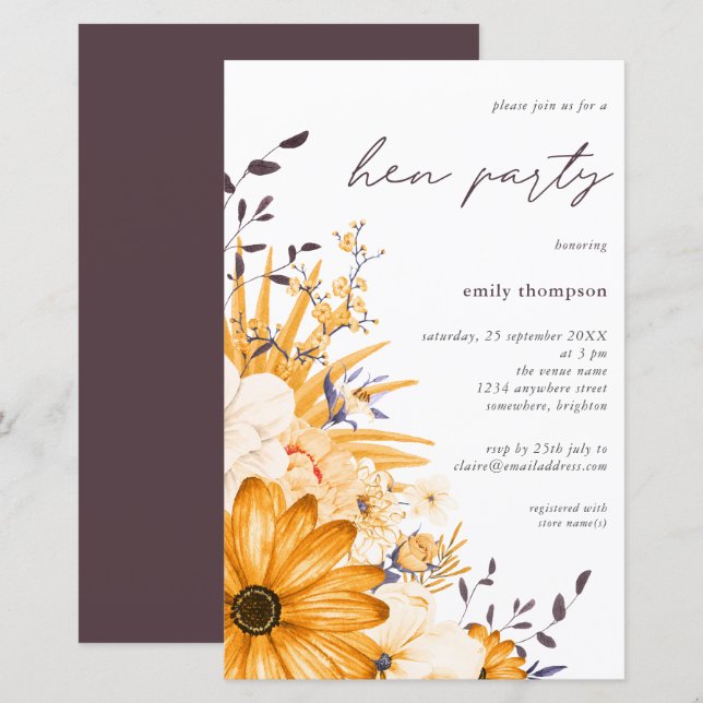 Budget Yellow Grey Floral Hen Party Invitation (Front/Back)