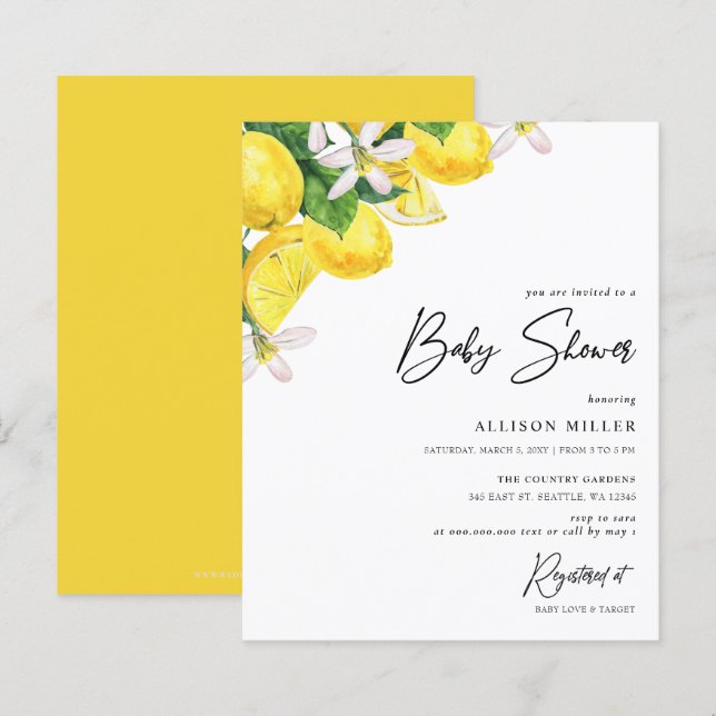 Budget Yellow Lemon Baby Shower Invitation (Front/Back)