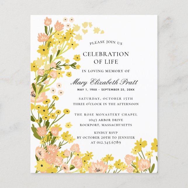 Budget Yellow Pink Foral Funeral Invitation (Front)