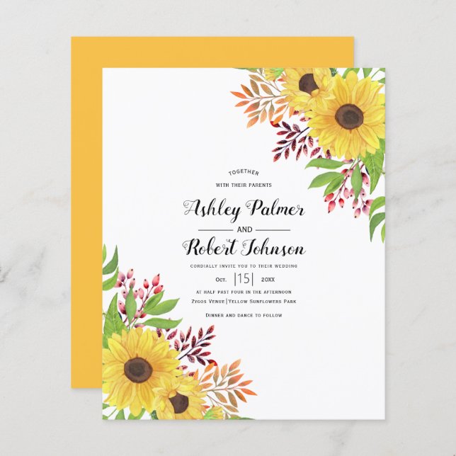 BUDGET Yellow sunflowers wedding invitation (Front/Back)