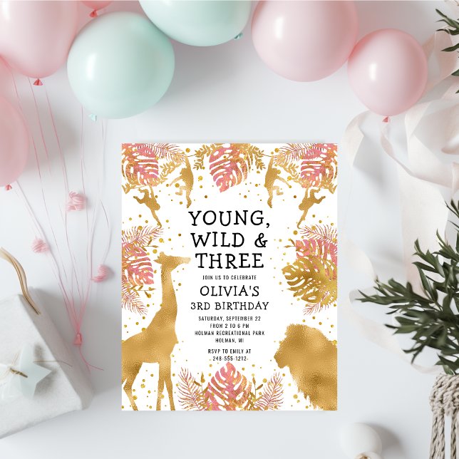 Budget Young Wild Three Pink 3rd Birthday Invite (Creator Uploaded)