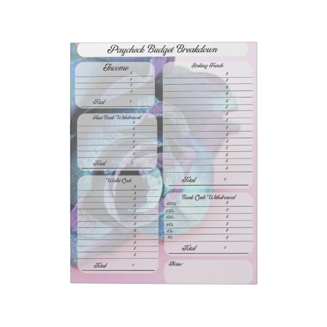 Budgeting Paycheck Breakdown - Blue Rose Notepad (Rotated)
