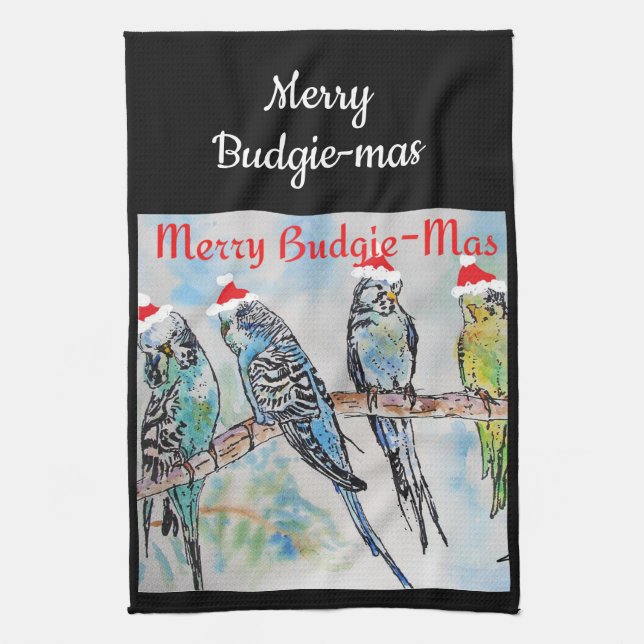 Budgie Budgerigar Christmas Merry Budgie-mas Tea Towel (Vertical)
