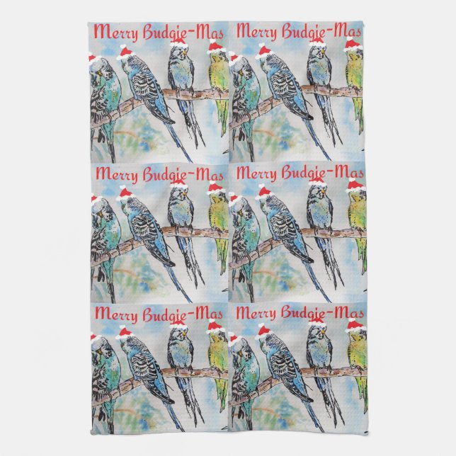 Budgie Budgies Merry Budgiemas Christmas dinner Tea Towel (Vertical)