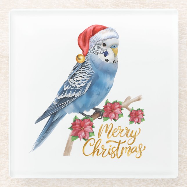 Budgie Christmas Glass Coaster (Front)