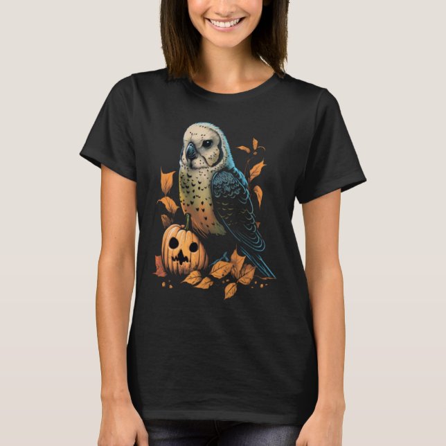 Budgie Halloween Pumpkin Budgerigar Parakeet Bird T-Shirt (Front)