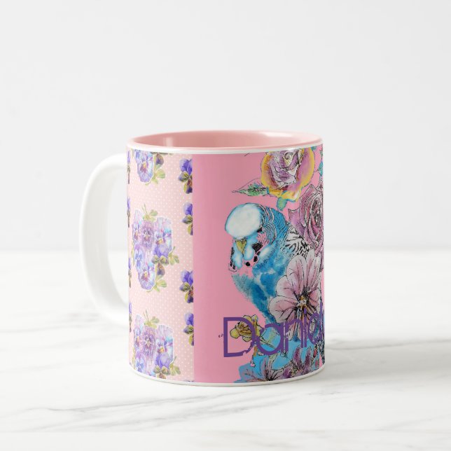 Budgie Hand Painted Pink Blue floral Girls Name Two-Tone Coffee Mug (Front Left)