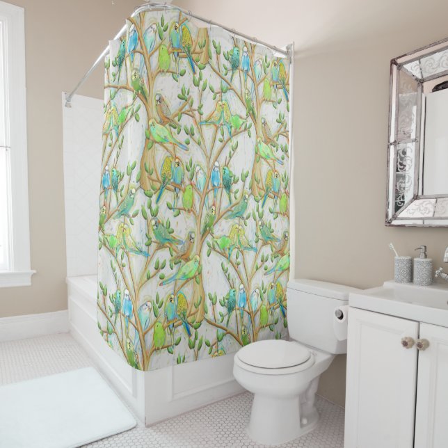 Budgie Parakeet Bird Shower Curtain (In Situ)