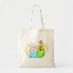 Budgie Parakeet Birds and Flowers Watercolor Art Tote Bag