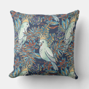 Budgie Rainforest Flowers Foliage Blue Background Cushion