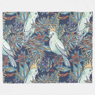 Budgie Rainforest Flowers Foliage Blue Background Fleece Blanket