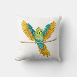 Budgie sitting on a rope with open wings cushion