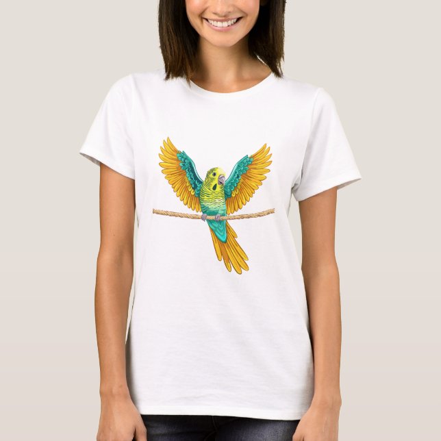 Budgie sitting on a rope with open wings T-Shirt (Front)