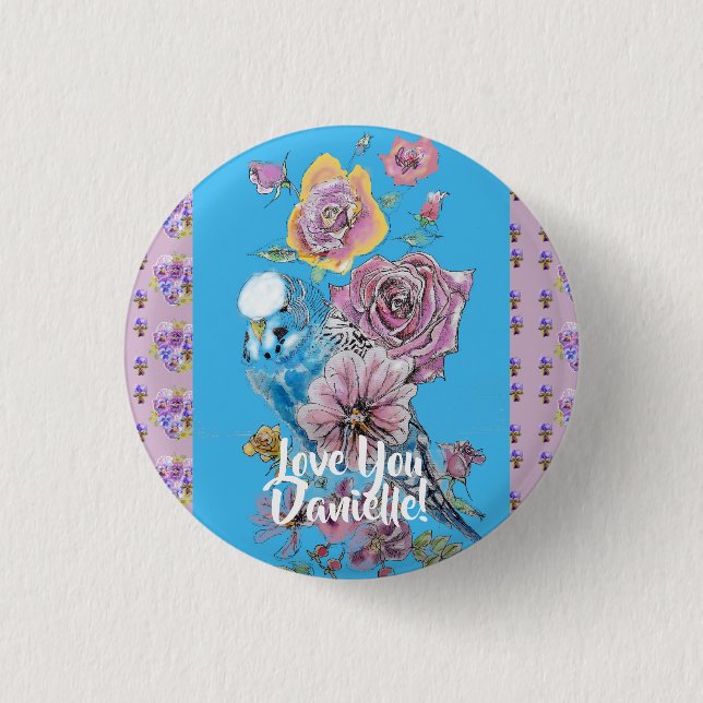 Budgie Watercolor floral Girls Ladies Cute Badge (Front)