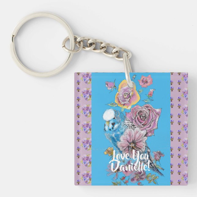 Budgie Watercolor floral Girls Ladies Key Ring (Front)
