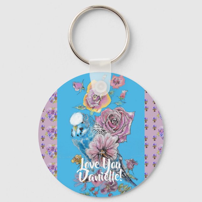 Budgie Watercolor floral Girls Ladies Key Ring (Front)