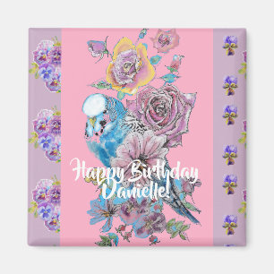 Budgie Watercolor floral Ladies Birthday Magnet