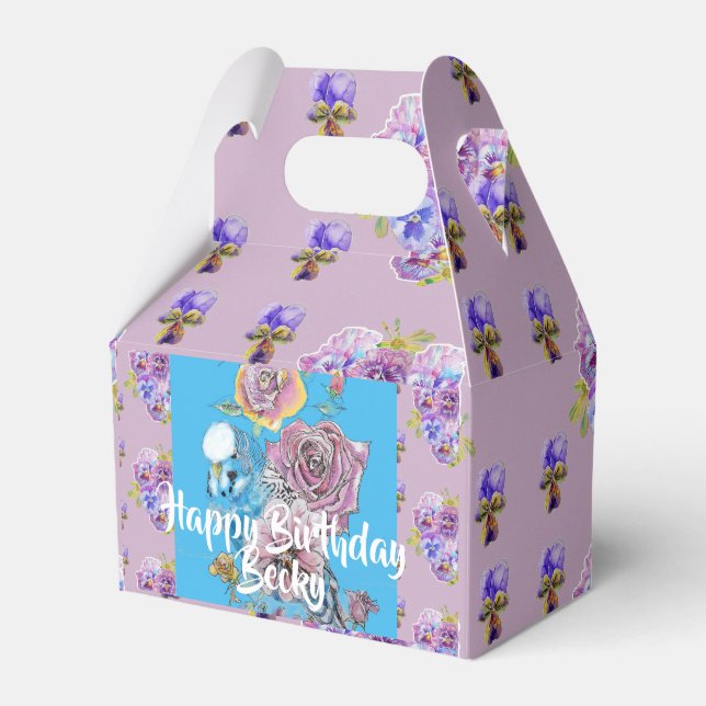 Budgie Watercolor floral lilac Birthday Cake Box (Front Side)