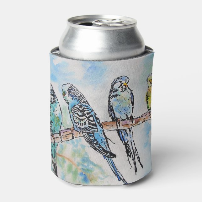 Budgie Watercolour Painting Bird birds Whimsical Can Cooler (Can Front)