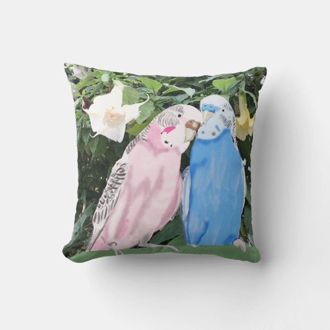 Budgies and White Angel Trumpet Flowers Cushion (Front)