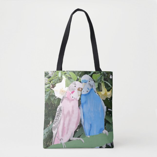 Budgies and white Angel Trumpet Flowers Tote Bag (Front)