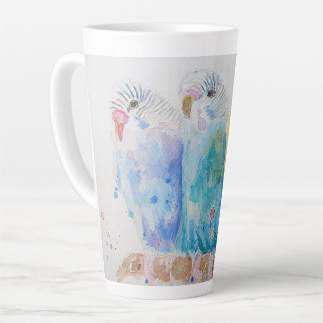 Budgies Three Sitting Branch Watercolor Art Blue Latte Mug (Left Angle)