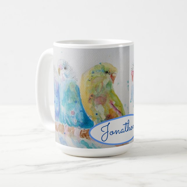 Budgies Three Sitting on Branch Blue Mug (Front Left)