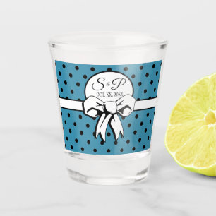 Bue and Black Polka Dots White Bow Personalised Shot Glass