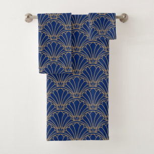 Bue and Gold Art Deco Fan Flower Motif Bath Towel Set