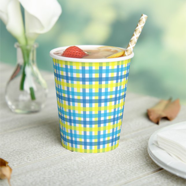 Bue and Yellow Gingham Party Paper Cups (Insitu)