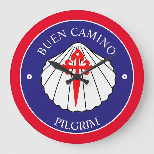 Buen Camino pilgrims cross shell  Large Clock (Front)